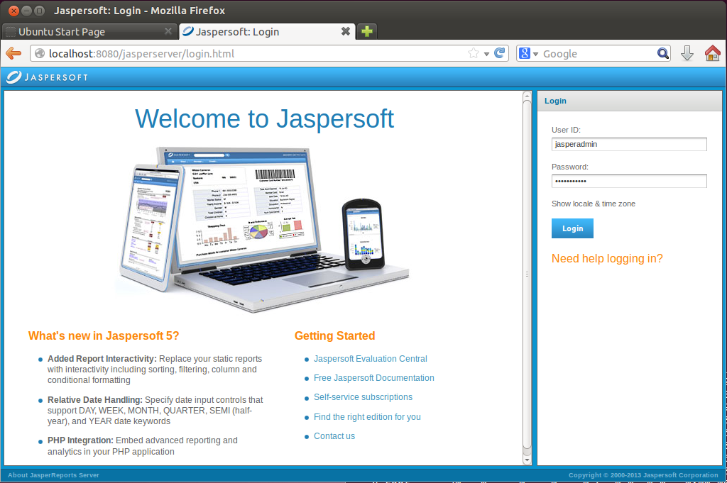 Ecran accueil JasperReports server